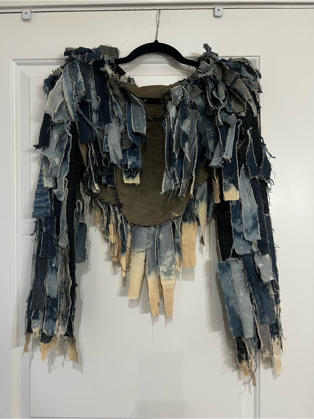 Fringed Patchwork Denim Jacket - Blue